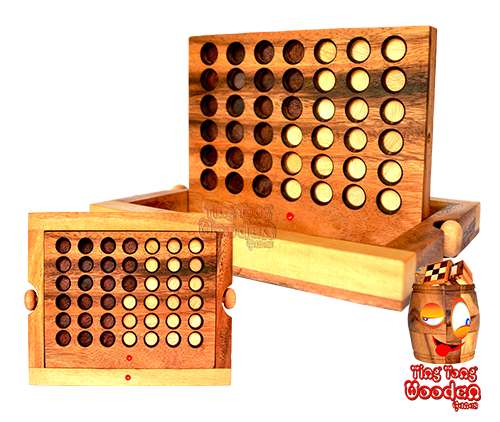 Spielaufbau und Start des Strategiespieles Connect Four - Vier in einer Reihe aus Holz