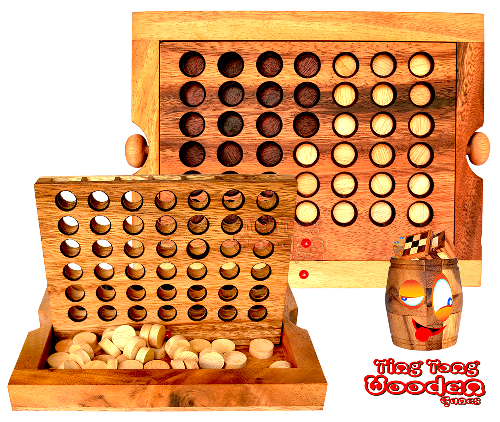 Spielaufbau und Start des Strategiespieles Connect Four - Vier in einer Reihe aus Holz