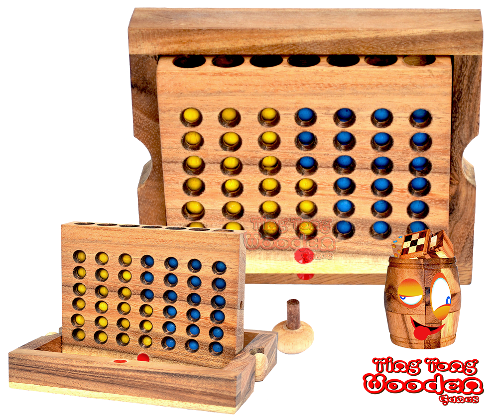 Spielaufbau und Start des Strategiespieles Connect Four - Vier in einer Reihe aus Holz Spielaufbau und Start des Strategiespieles Connect Four - Vier in einer Reihe aus Holz