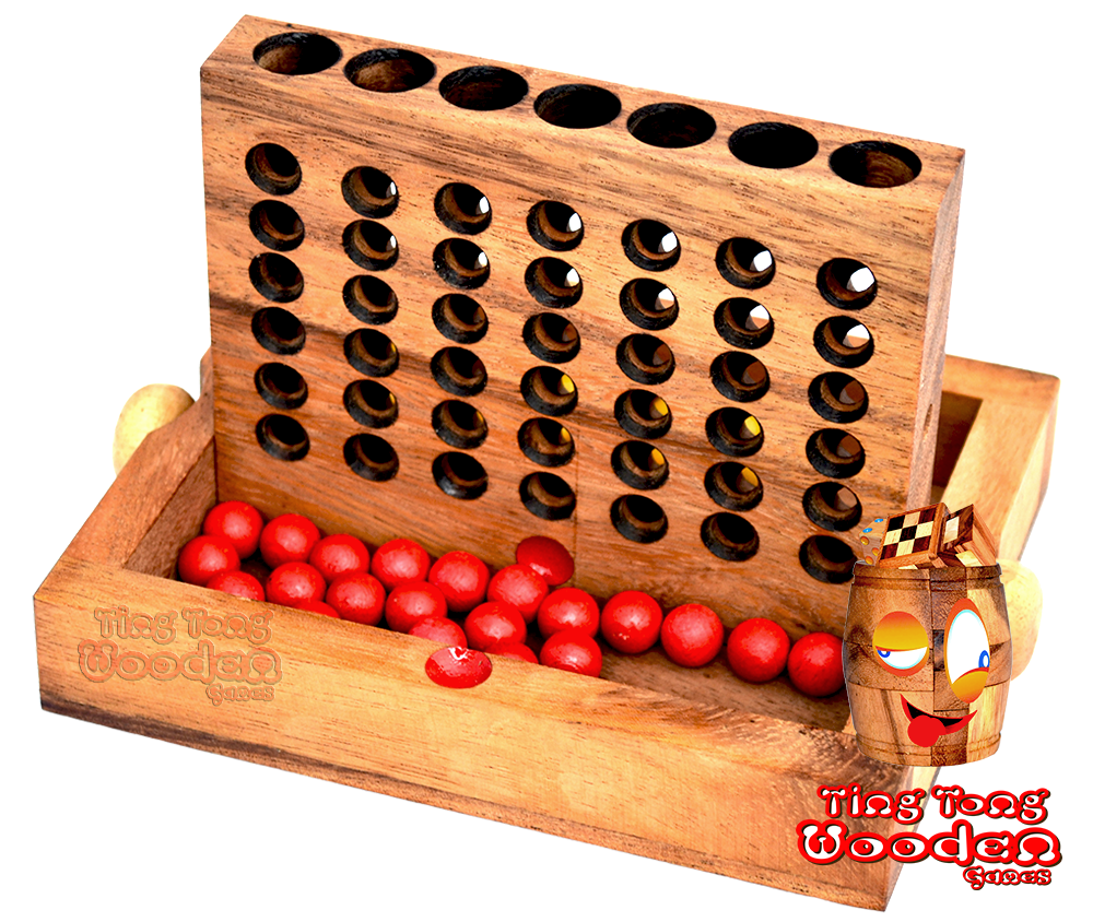 Spielaufbau und Start des Strategiespieles Connect Four - Vier in einer Reihe aus Holz