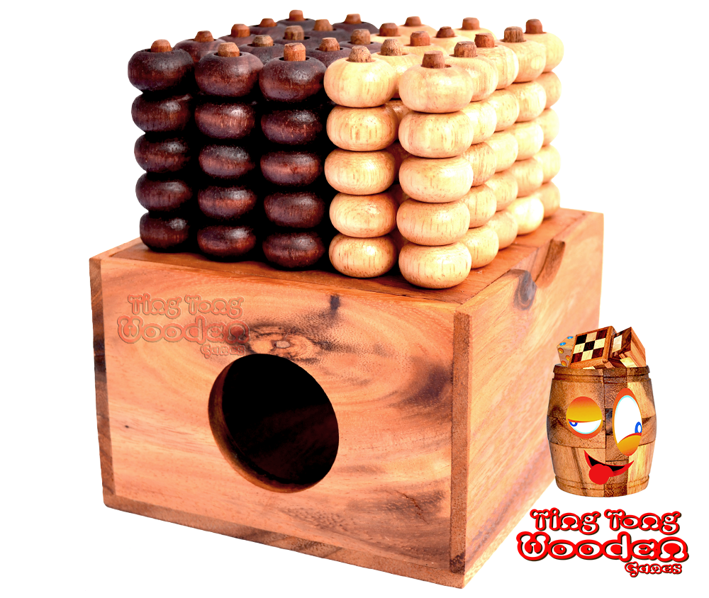 Spielaufbau und Start des Strategiespieles Connect Four - Vier in einer Reihe aus Holz Spielaufbau und Start des Strategiespieles Connect Four - Vier in einer Reihe aus Holz