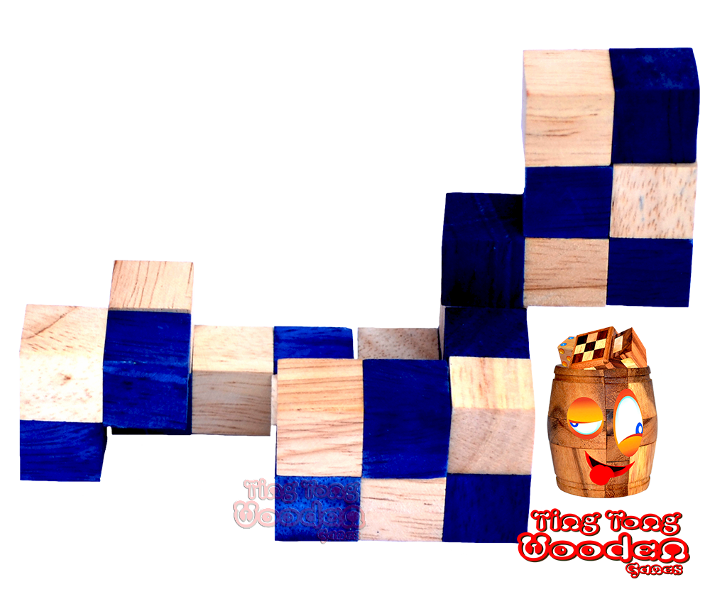 Rozwiązanie Snake Cube blue, snake cube level box instrukcje drewniane puzzle kostka węża