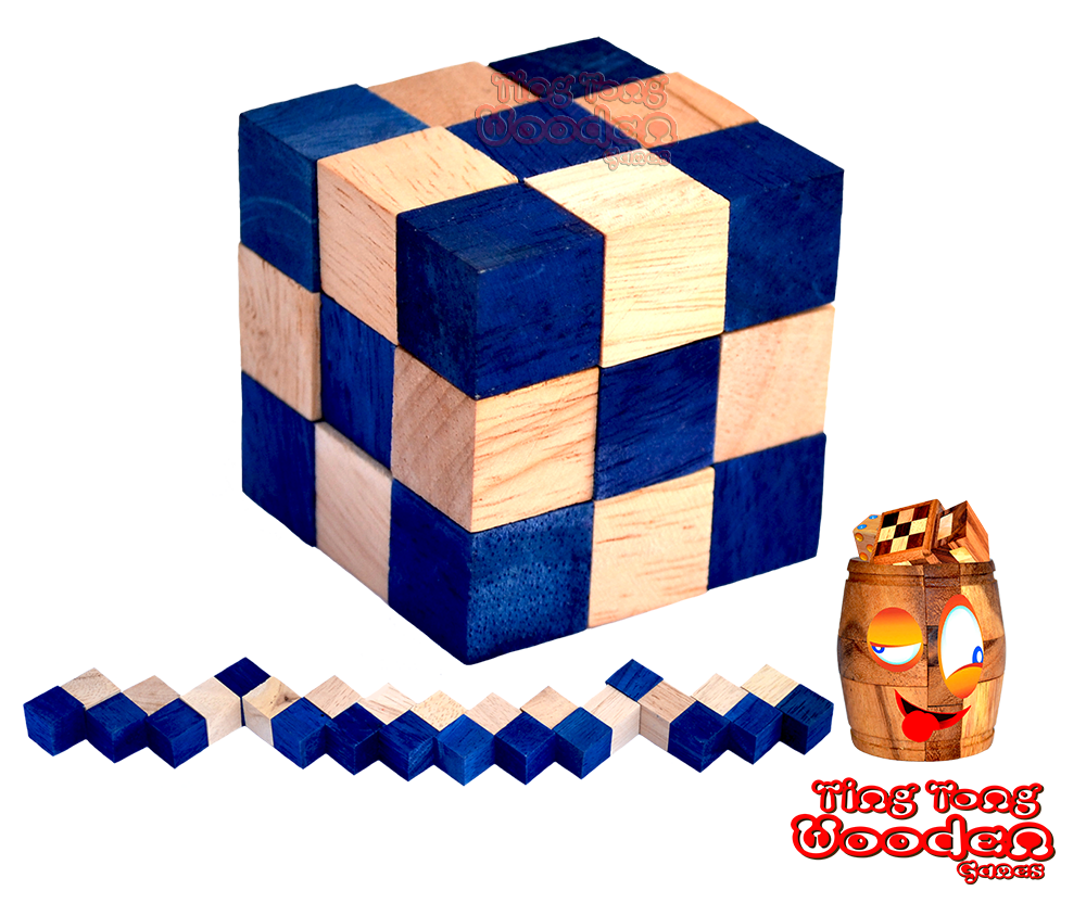 Snake Cube bleu, la collection de puzzle en bois de boîte de niveau de configuration de cube de serpent