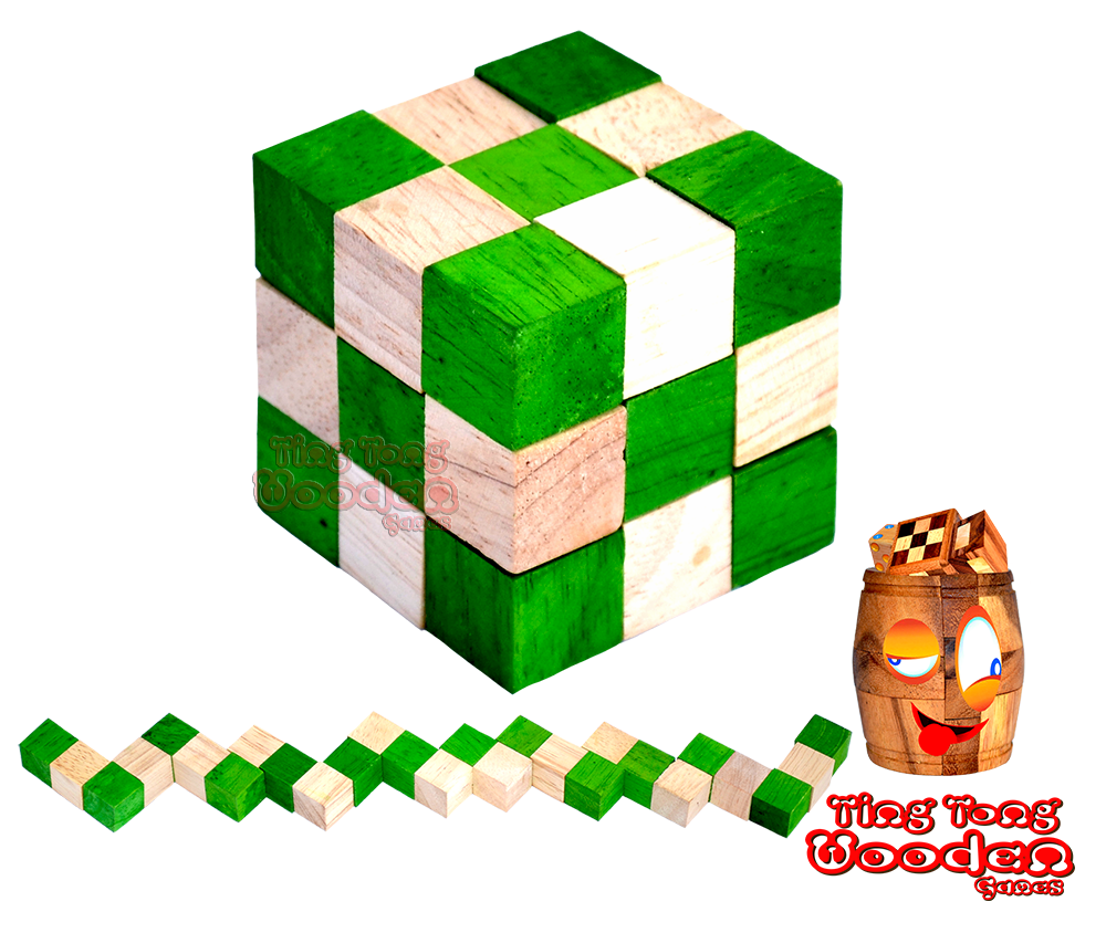 Snake Cube green, pudełko z konfiguracją kostki węża z kolekcji drewnianych puzzli