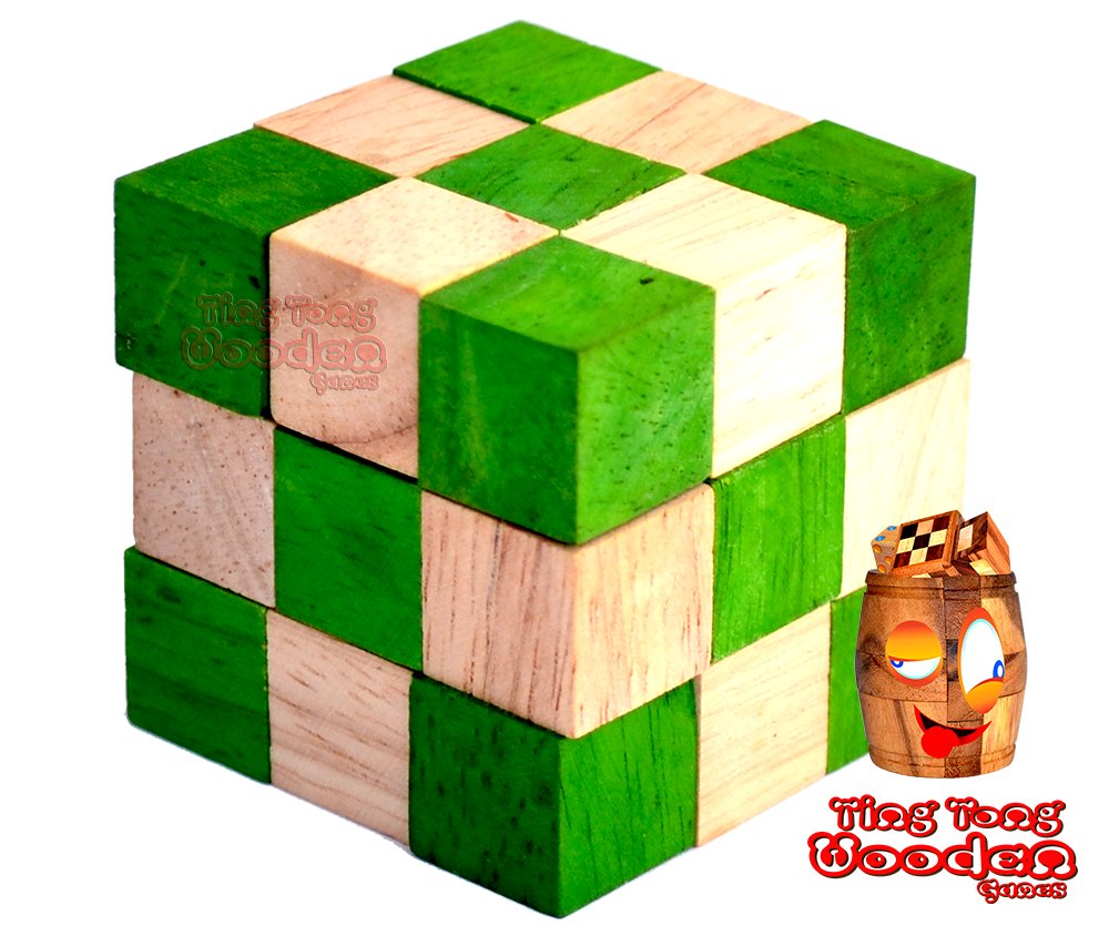 Lösung Snake Cube grün Holzpuzzle Knobelspiel Schlangenwürfel Level Box 