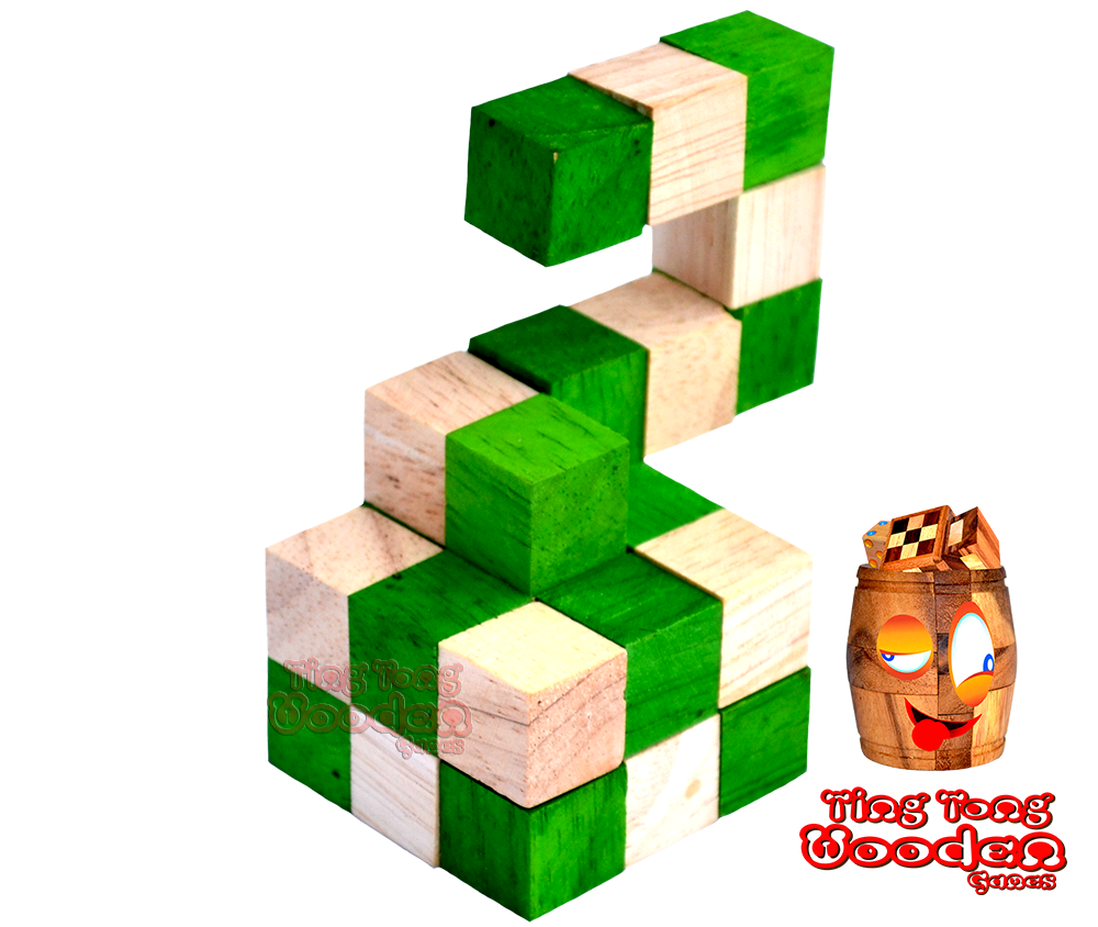 Snake Cube puzzle green the Level Box solution of the cube snake made of Samanea wood