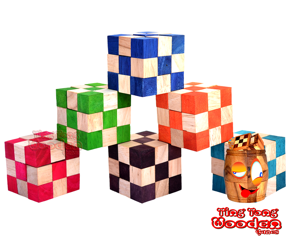 6 cubes de serpent en 6 couleurs avec 6 solutions différentes pour chaque puzzle en bois