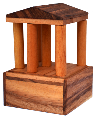 Acropolis Puzzle aus Holz mit diversen Teilen zum knobeln mit Box in den Maßen 10,0 x 10,0 x 6,5 cm, monkey pod puzzle