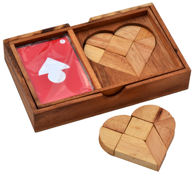 Heart Puzzle Battle Box mit Karten für das Herz Tangram Puzzle aus Holz in den Maßen 12,0 x 19,0 x 3,5 cm, monkey pod puzzle