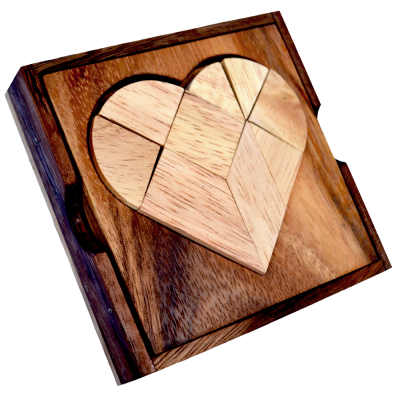 Heart Puzzle Box Ei des Kolumbus Tangram aus Holz in den Maßen 11,5 x 13,5 x 3,0 cm, monkey pod puzzle