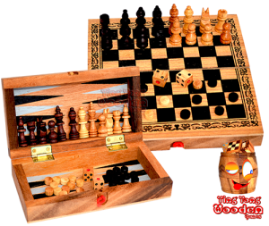 Backgammon Würfelspiel mit Schach als Spielebox in einem Strategiespiel und Unterhaltungsspiel mit den Maßen 17,8 x 18,4 x 2,5 cm