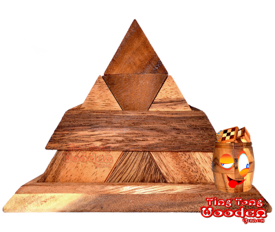 Pyramiden Puzzle in brauner Farbe mit 14 Teilen in 3D Puzzle für eine Person in den Maßen 17,5 x 15,5 x 12,3 cm, samanea wooden puzzle brain teaser