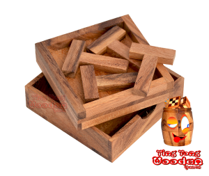 4 T Box geschicklichkeits Puzzle aus Holz in kleiner Holzbox in den Maßen 10,0 x 10,0 x 3,0 cm, monkey pod puzzle
