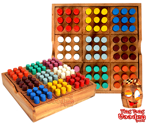Sudoku Color 9x9 aus Holz in einer schönen Holzbox mit farbigen Stiften in Hanadarbeit für den Großhandel gefertigt